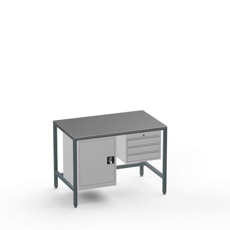 Medium Duty Workbench | Steel Worktop | Cupboard & 3 Drawers