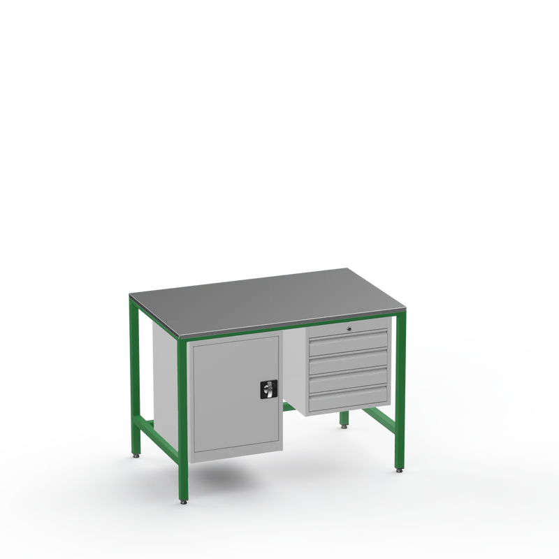 Medium Duty Workbench | Steel Worktop | Cupboard & 4 Drawers