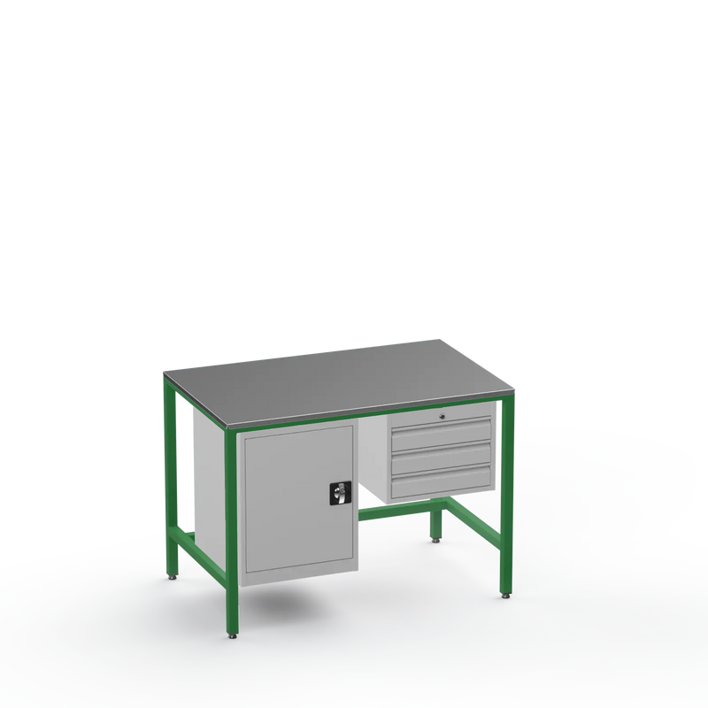 Medium Duty Workbench | Steel Worktop | Cupboard & 3 Drawers