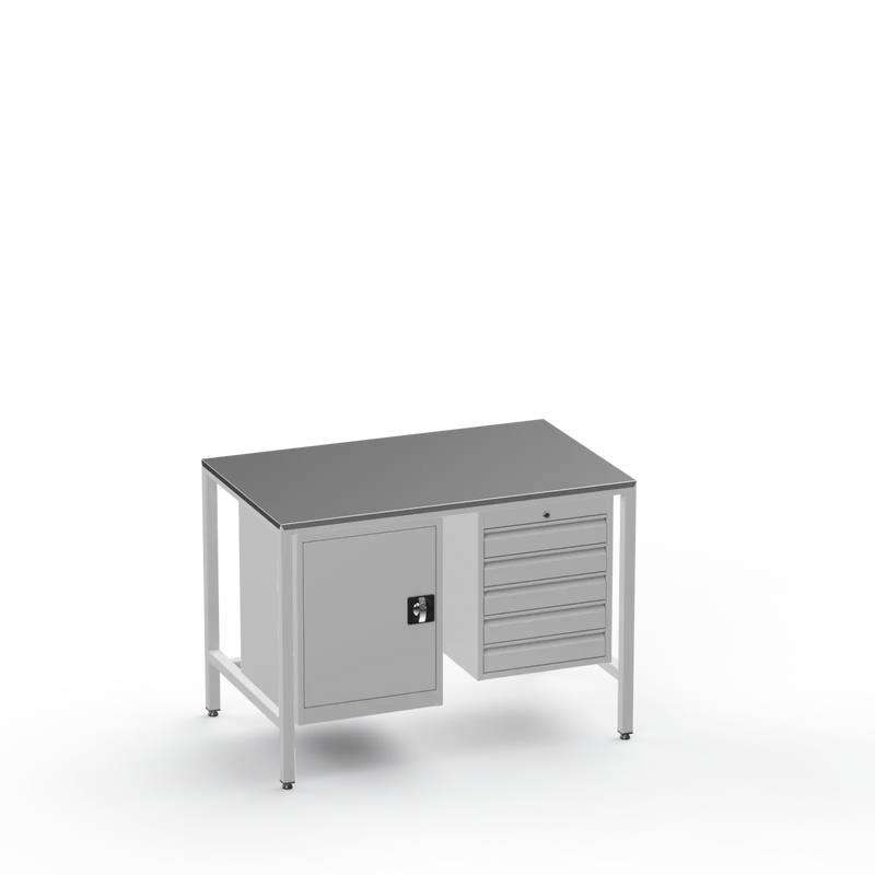 Medium Duty Workbench | Steel Worktop | Cupboard & 5 Drawers