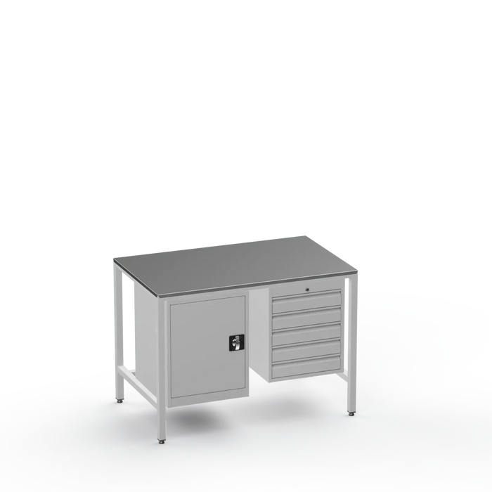 Medium Duty Workbench | Steel Worktop | Cupboard & 5 Drawers