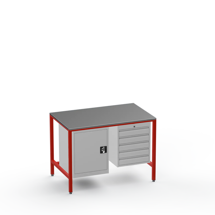 Medium Duty Workbench | Steel Worktop | Cupboard & 5 Drawers