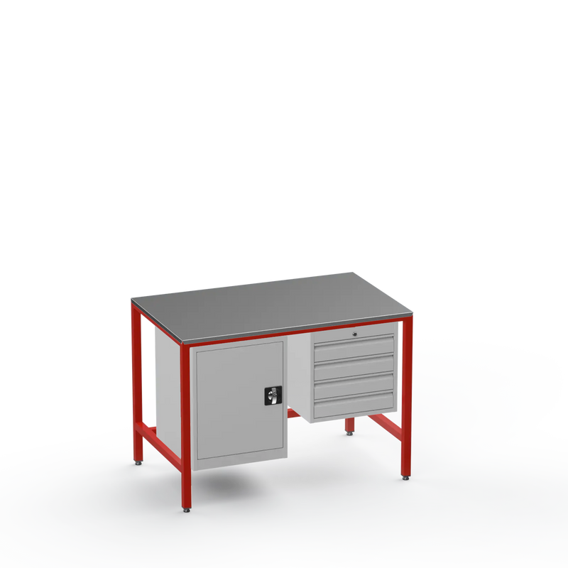 Medium Duty Workbench | Steel Worktop | Cupboard & 4 Drawers