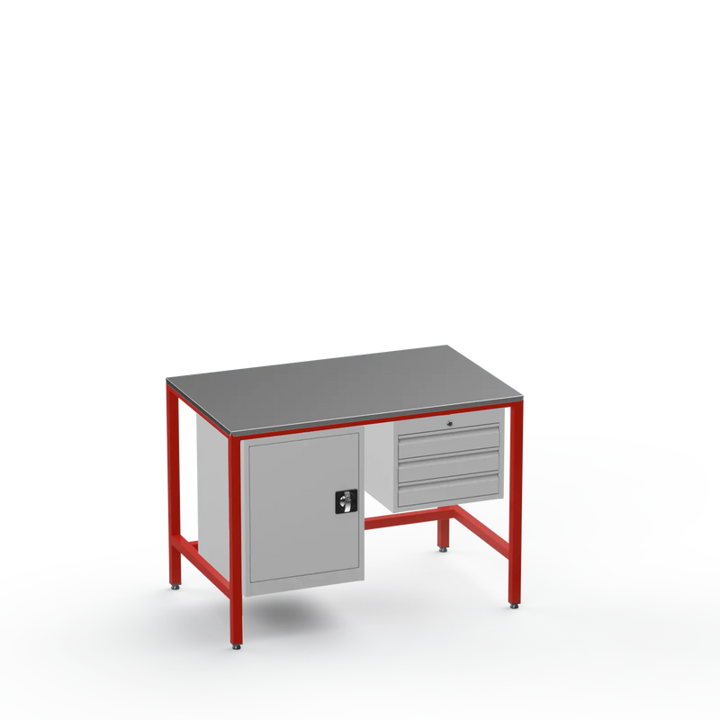 Medium Duty Workbench | Steel Worktop | Cupboard & 3 Drawers