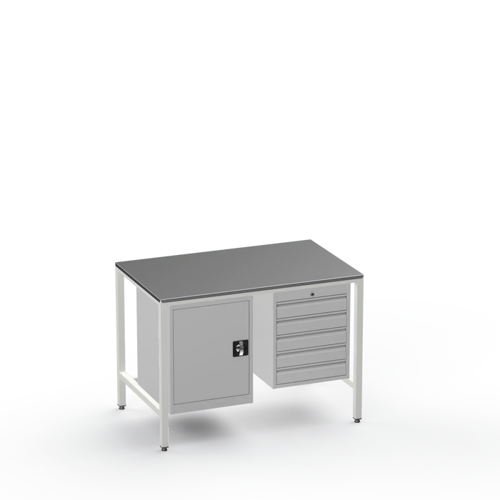 Medium Duty Workbench | Steel Worktop | Cupboard & 5 Drawers