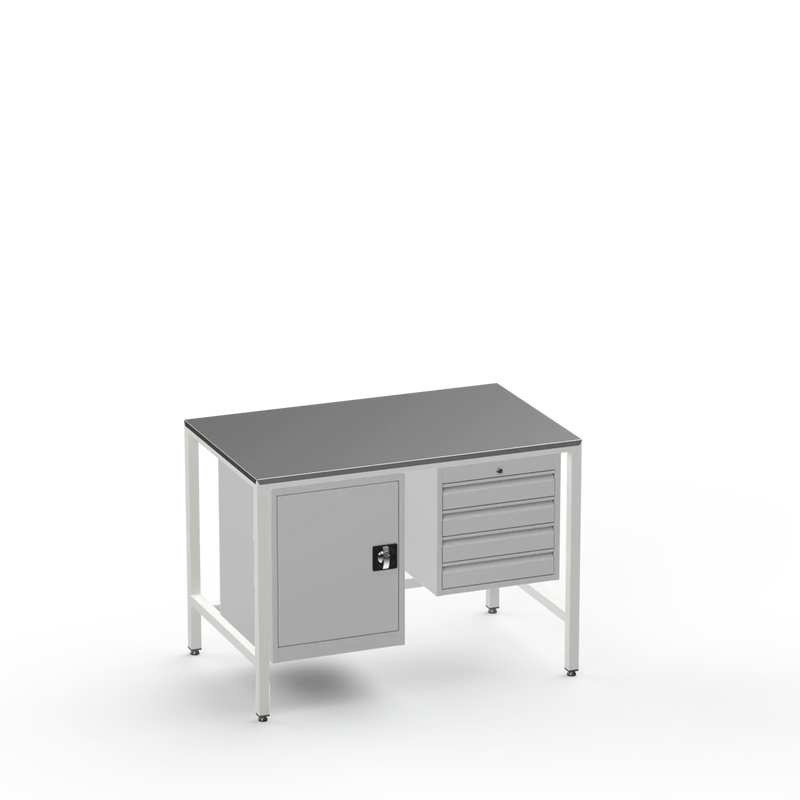 Medium Duty Workbench | Steel Worktop | Cupboard & 4 Drawers