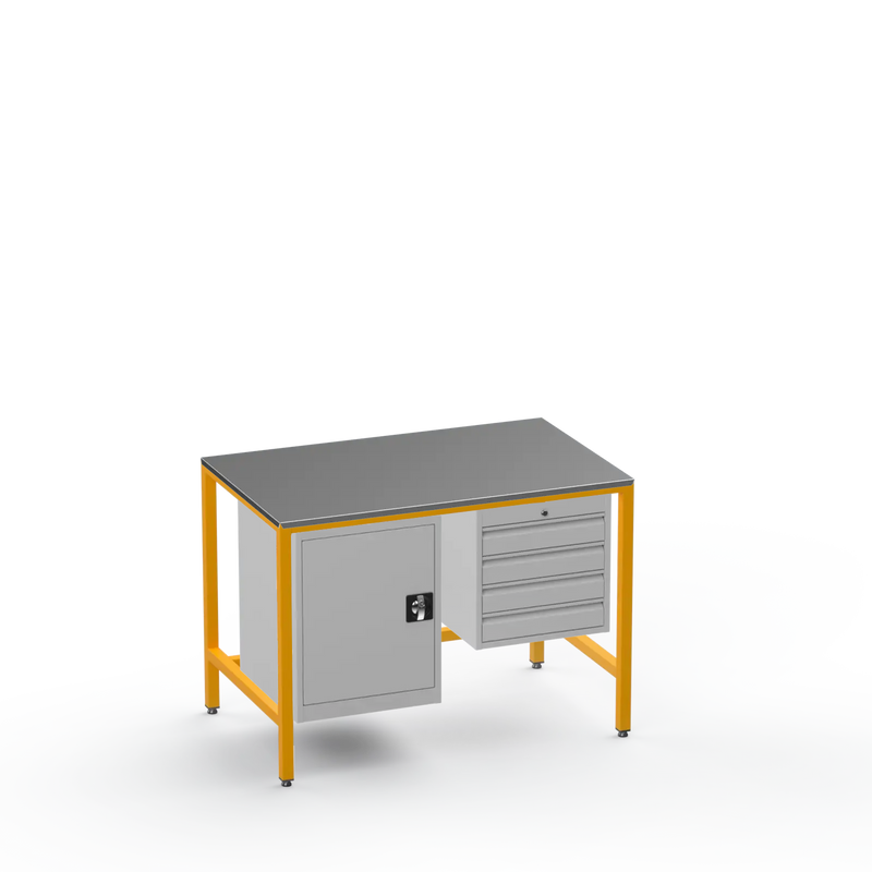 Medium Duty Workbench | Steel Worktop | Cupboard & 4 Drawers