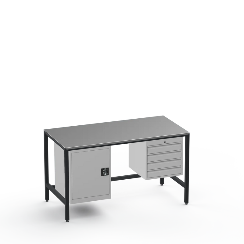 Medium Duty Workbench | Steel Worktop | Cupboard & 4 Drawers