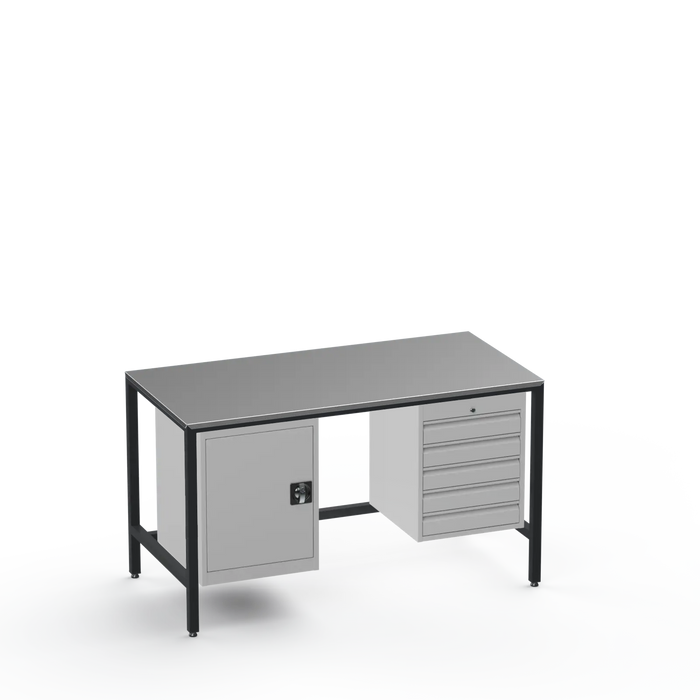 Medium Duty Workbench | Steel Worktop | Cupboard & 5 Drawers