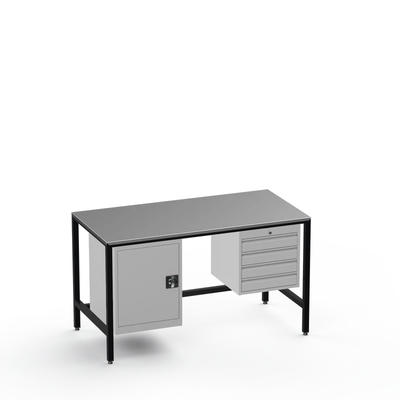 Medium Duty Workbench | Steel Worktop | Cupboard & 4 Drawers