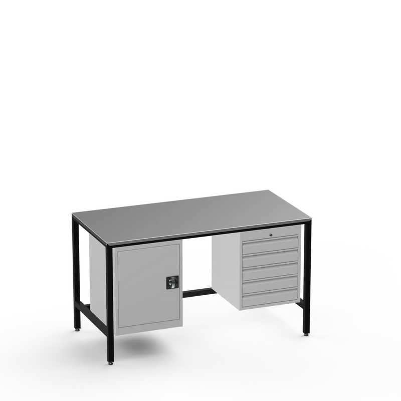 Medium Duty Workbench | Steel Worktop | Cupboard & 5 Drawers