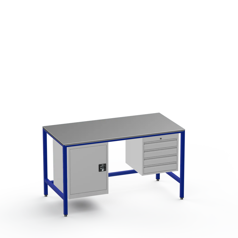 Medium Duty Workbench | Steel Worktop | Cupboard & 4 Drawers
