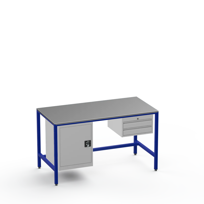 Medium Duty Workbench | Steel Worktop | Cupboard & 2 Drawers