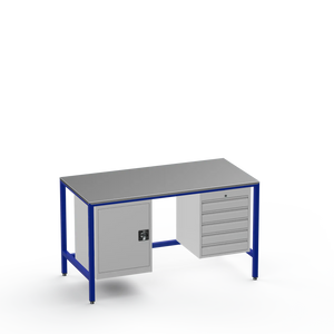 Medium Duty Workbench | Steel Worktop | Cupboard & 5 Drawers