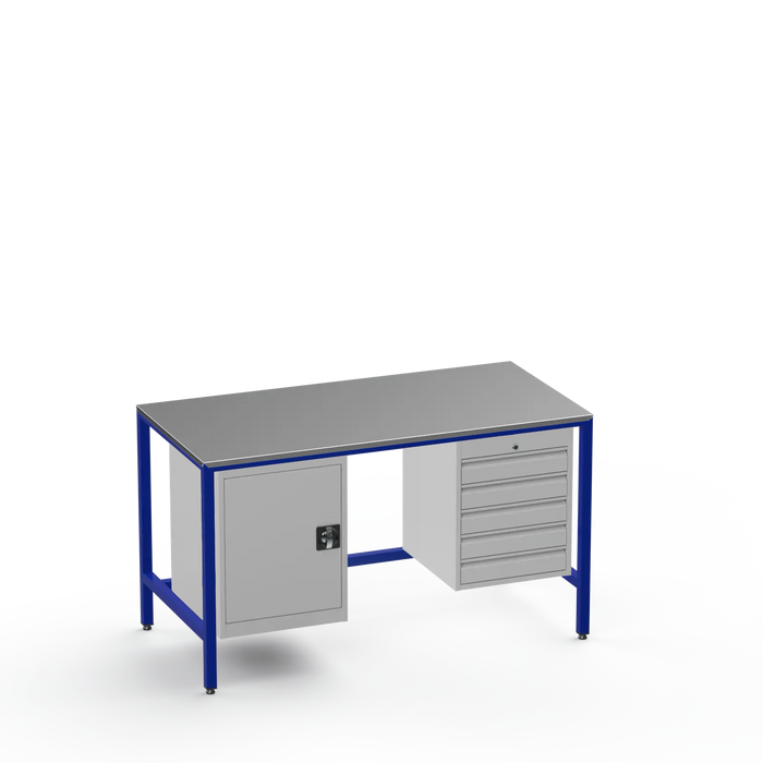 Medium Duty Workbench | Steel Worktop | Cupboard & 5 Drawers