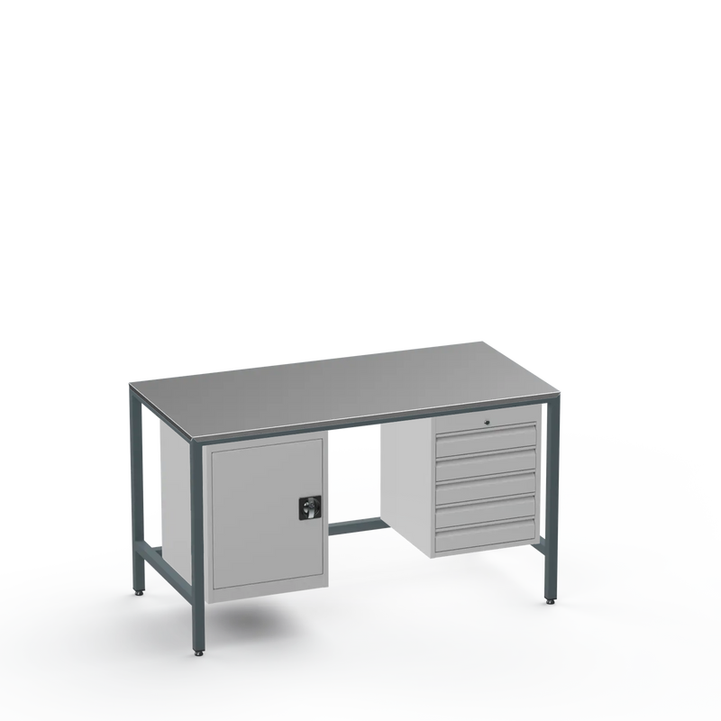 Medium Duty Workbench | Steel Worktop | Cupboard & 5 Drawers