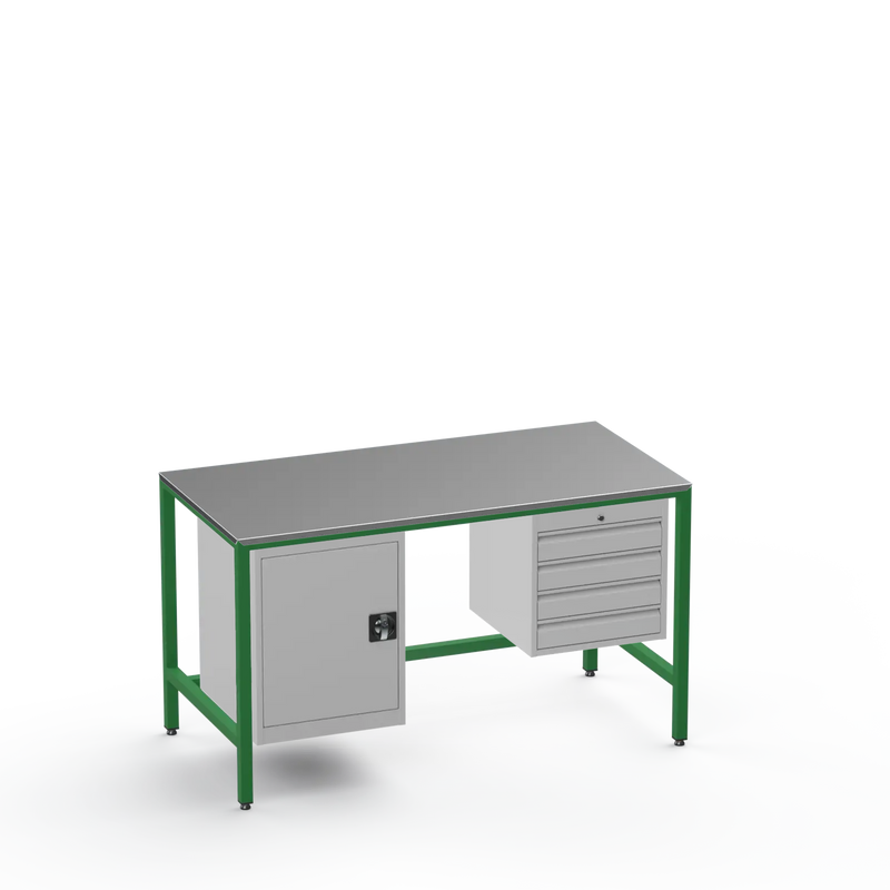 Medium Duty Workbench | Steel Worktop | Cupboard & 4 Drawers