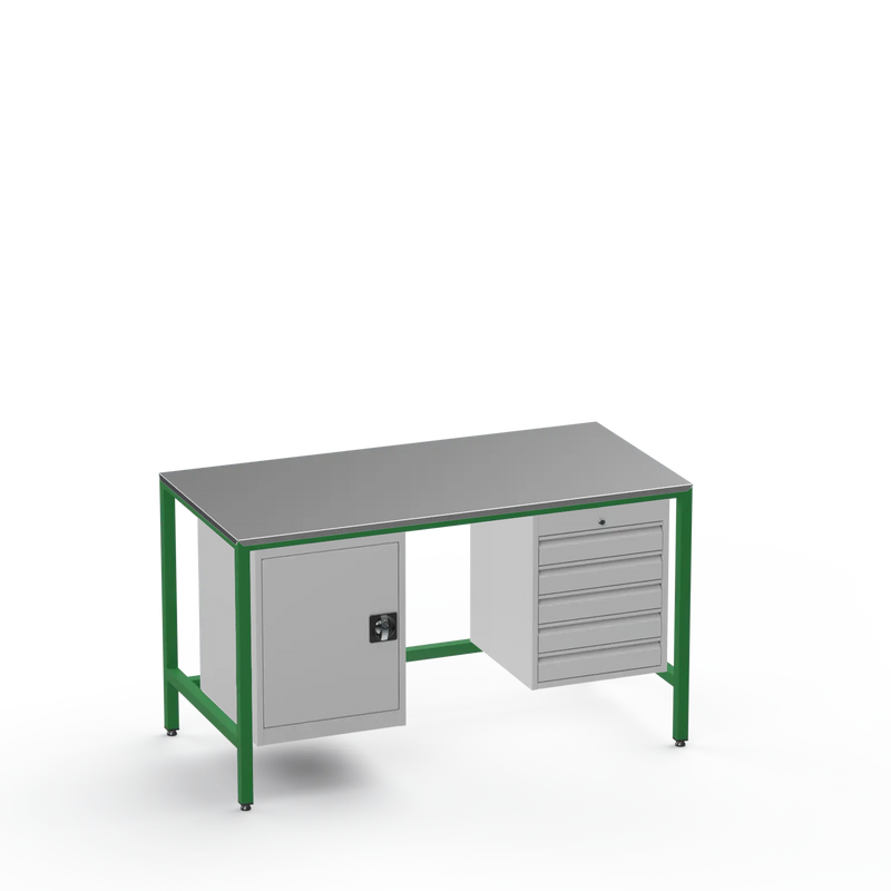 Medium Duty Workbench | Steel Worktop | Cupboard & 5 Drawers