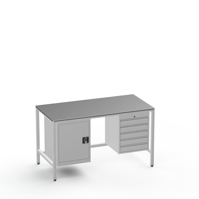 Medium Duty Workbench | Steel Worktop | Cupboard & 5 Drawers