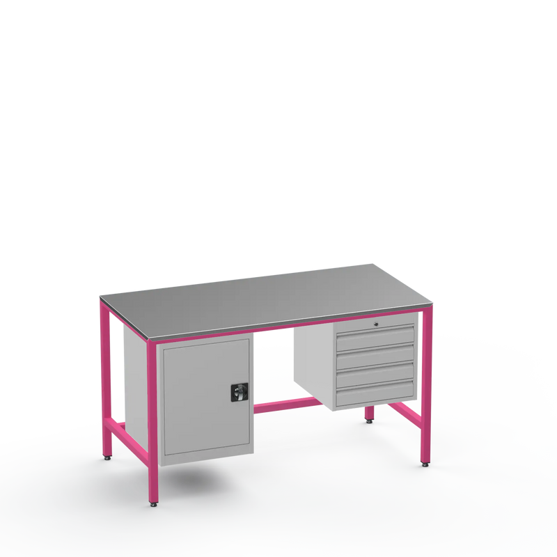 Medium Duty Workbench | Steel Worktop | Cupboard & 4 Drawers