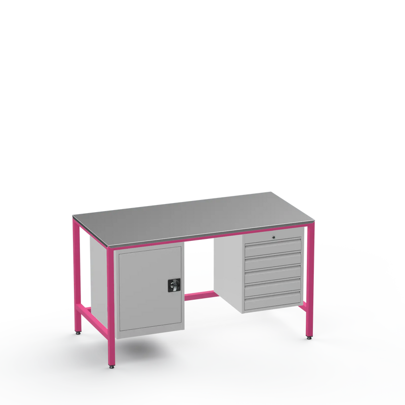 Medium Duty Workbench | Steel Worktop | Cupboard & 5 Drawers