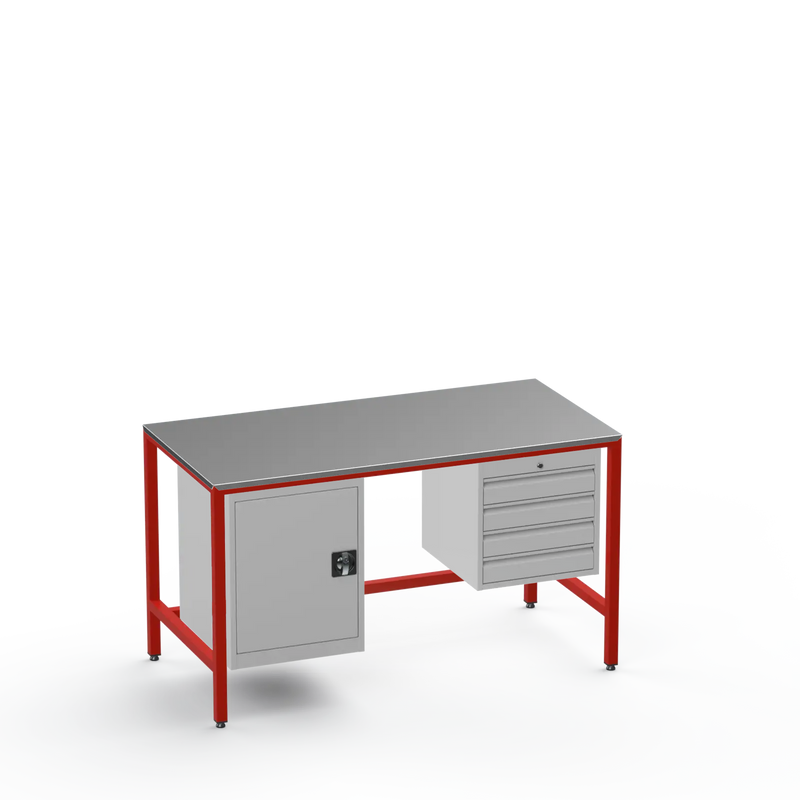 Medium Duty Workbench | Steel Worktop | Cupboard & 4 Drawers