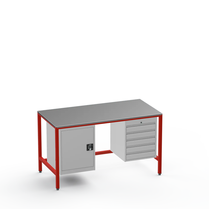 Medium Duty Workbench | Steel Worktop | Cupboard & 5 Drawers