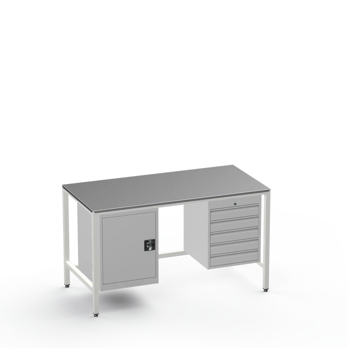Medium Duty Workbench | Steel Worktop | Cupboard & 5 Drawers
