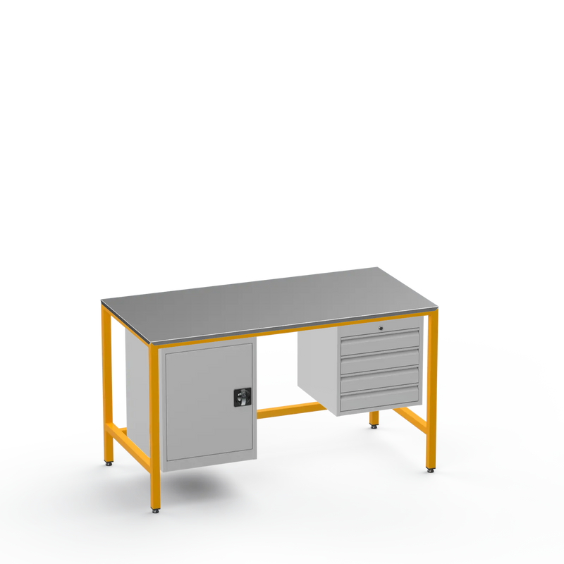 Medium Duty Workbench | Steel Worktop | Cupboard & 4 Drawers