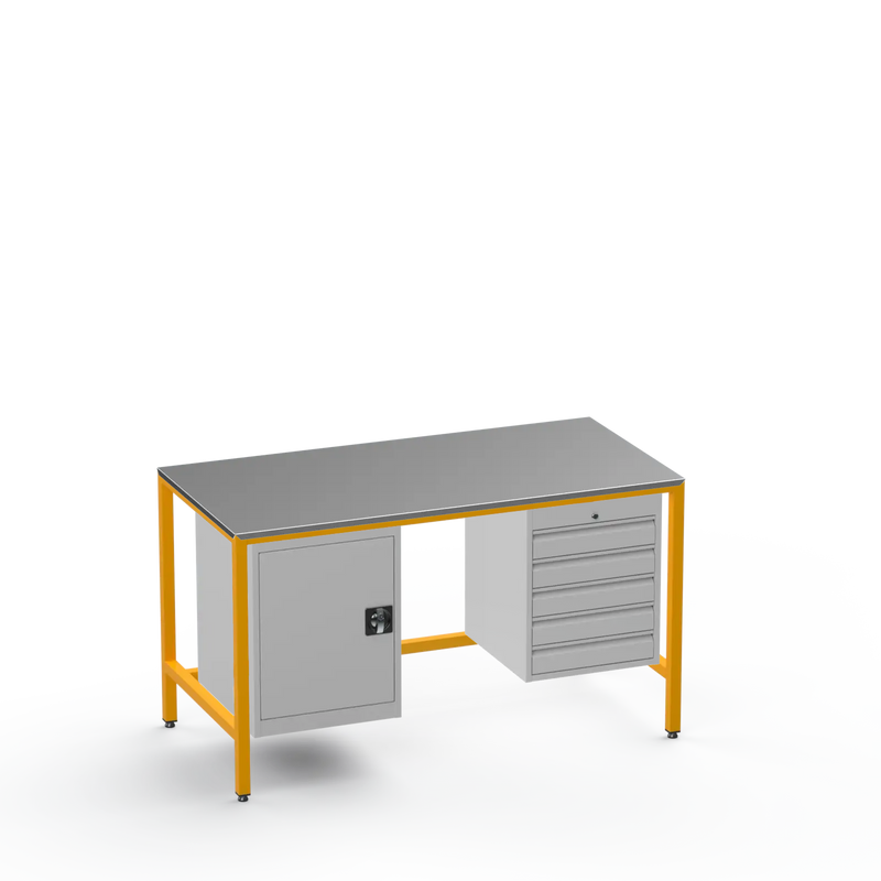 Medium Duty Workbench | Steel Worktop | Cupboard & 5 Drawers