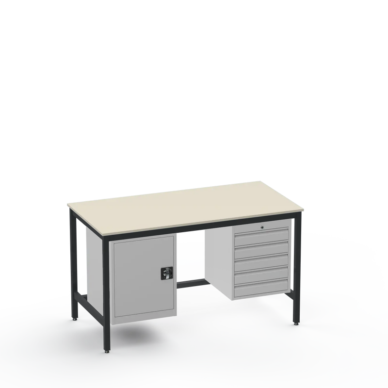 Medium Duty Workbench | Laminate Worktop | Cupboard & 5 Drawers