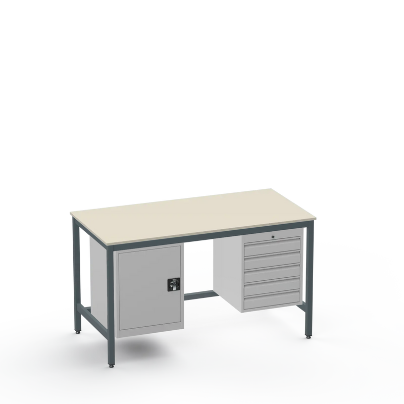 Medium Duty Workbench | Laminate Worktop | Cupboard & 5 Drawers