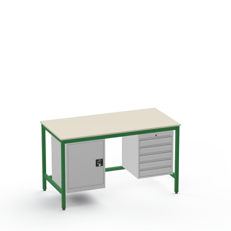 Medium Duty Workbench | Laminate Worktop | Cupboard & 5 Drawers