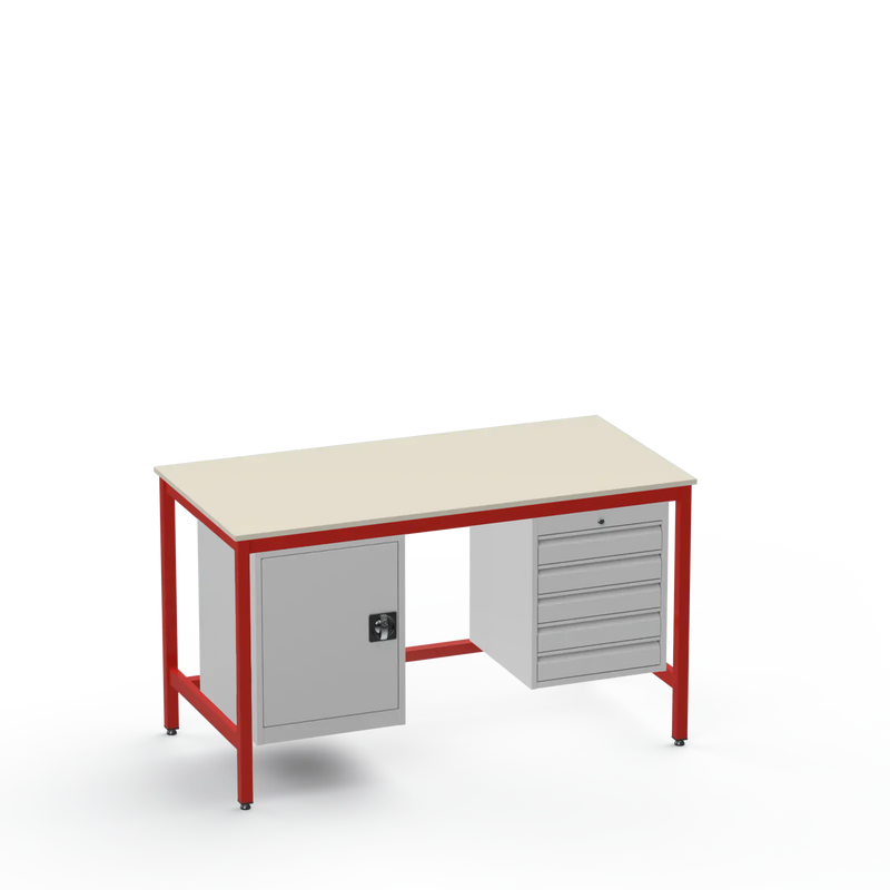 Medium Duty Workbench | Laminate Worktop | Cupboard & 5 Drawers