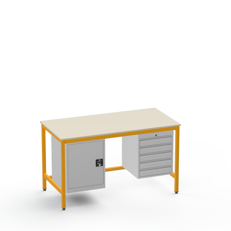 Medium Duty Workbench | Laminate Worktop | Cupboard & 5 Drawers