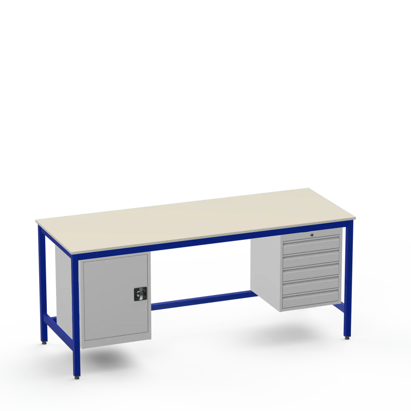 Medium Duty Workbench | Laminate Worktop | Cupboard & 5 Drawers