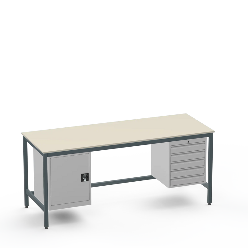 Medium Duty Workbench | Laminate Worktop | Cupboard & 5 Drawers