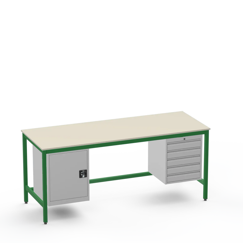 Medium Duty Workbench | Laminate Worktop | Cupboard & 5 Drawers