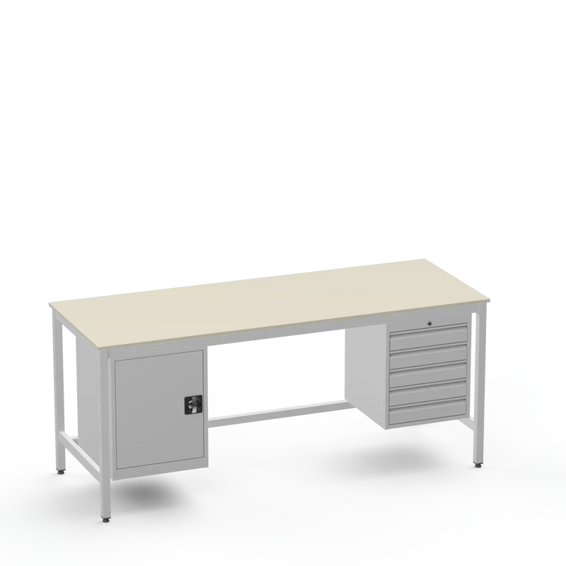 Medium Duty Workbench | Laminate Worktop | Cupboard & 5 Drawers
