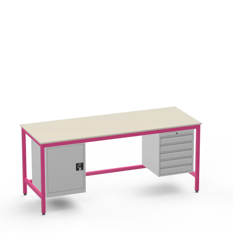 Medium Duty Workbench | Laminate Worktop | Cupboard & 5 Drawers