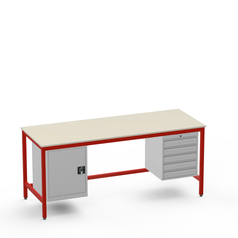 Medium Duty Workbench | Laminate Worktop | Cupboard & 5 Drawers