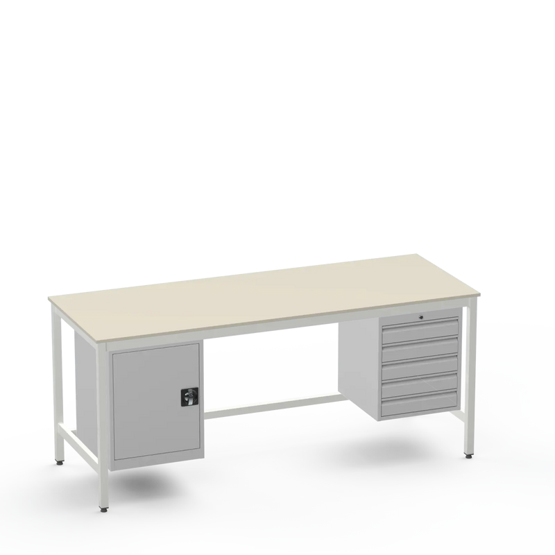Medium Duty Workbench | Laminate Worktop | Cupboard & 5 Drawers