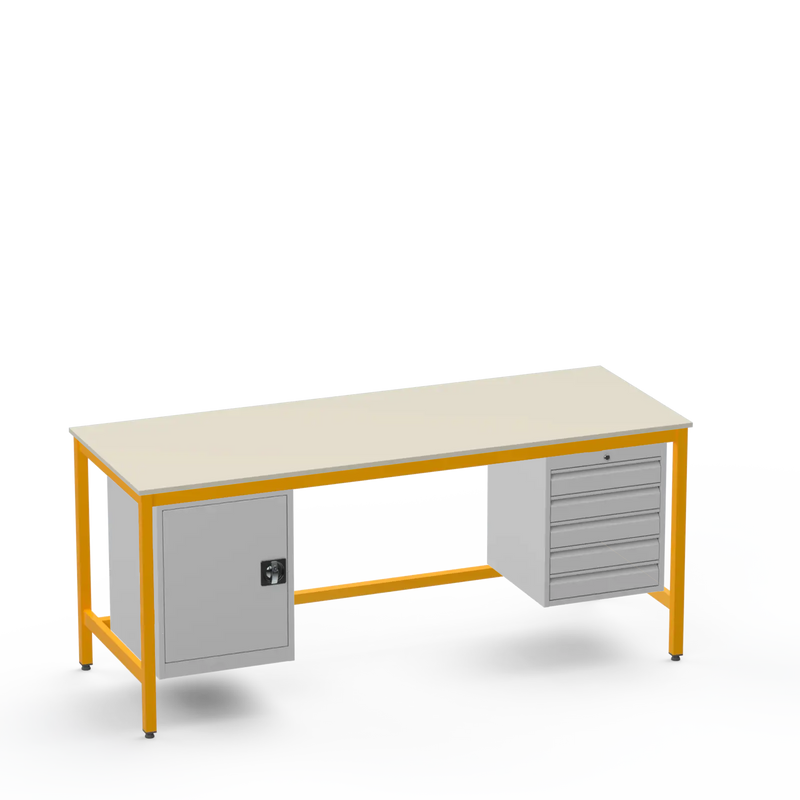 Medium Duty Workbench | Laminate Worktop | Cupboard & 5 Drawers