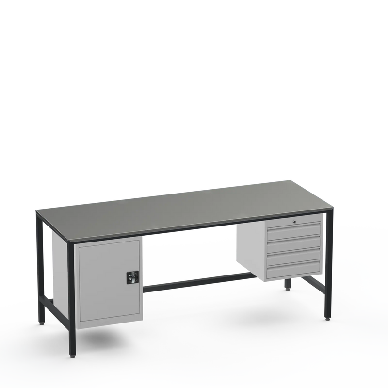 Medium Duty Workbench | Steel Worktop | Cupboard & 4 Drawers