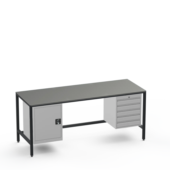Medium Duty Workbench | Steel Worktop | Cupboard & 5 Drawers