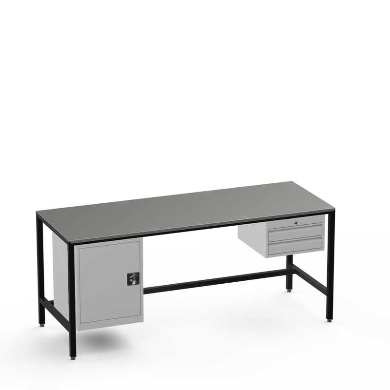 Medium Duty Workbench | Steel Worktop | Cupboard & 2 Drawers