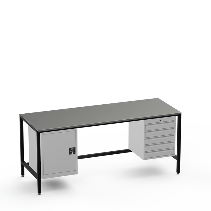 Medium Duty Workbench | Steel Worktop | Cupboard & 5 Drawers