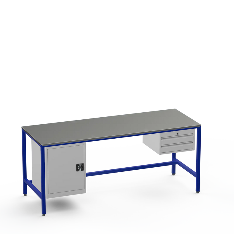 Medium Duty Workbench | Steel Worktop | Cupboard & 2 Drawers