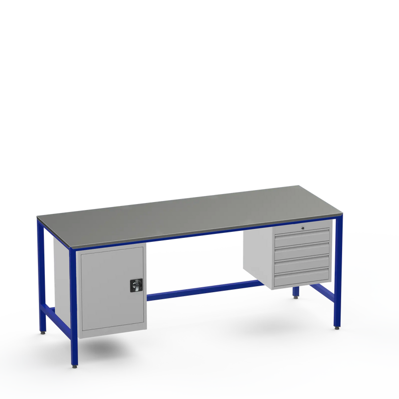 Medium Duty Workbench | Steel Worktop | Cupboard & 4 Drawers