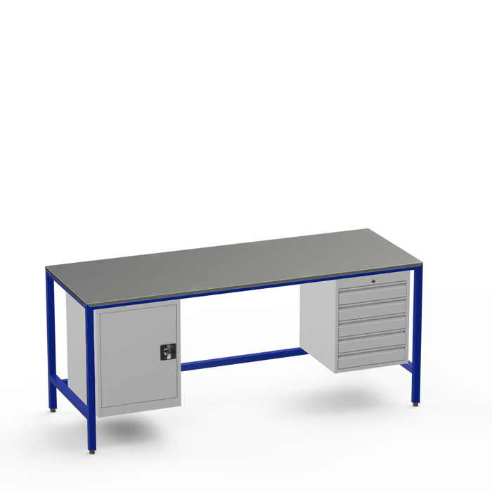 Medium Duty Workbench | Steel Worktop | Cupboard & 5 Drawers